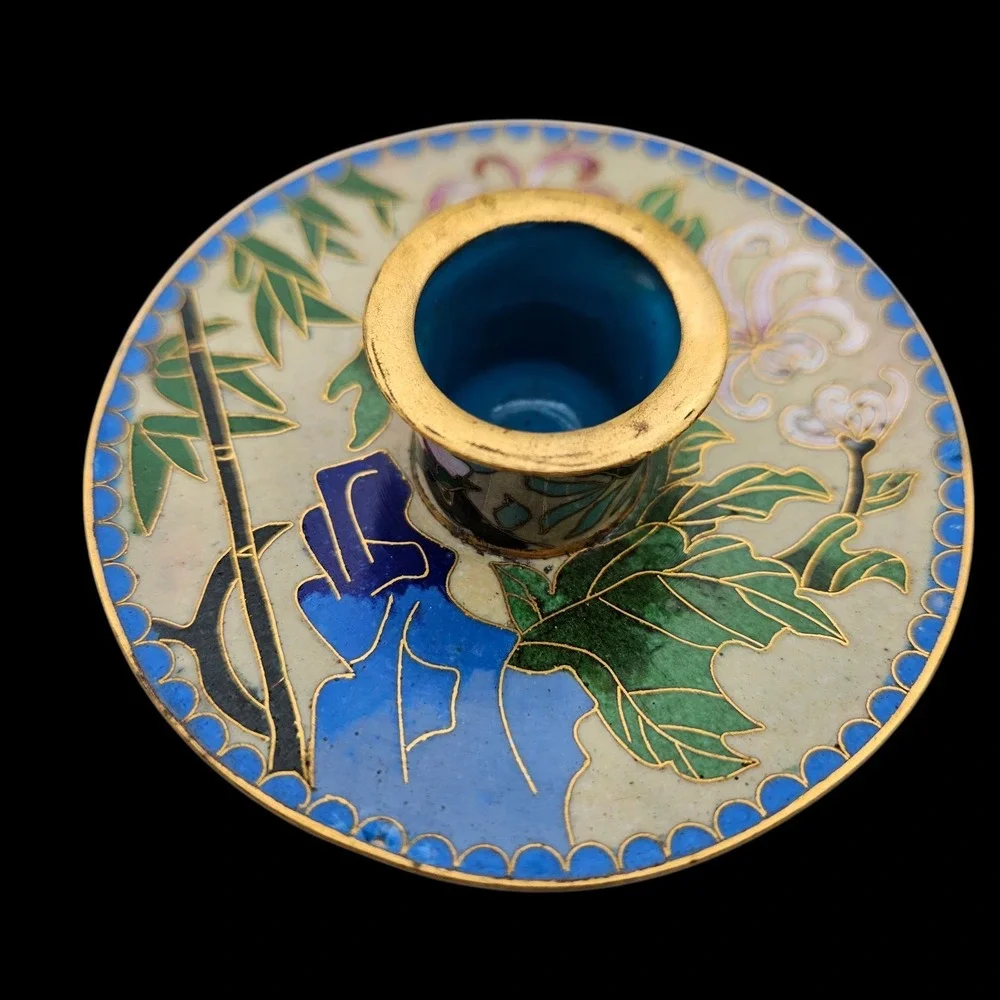 Pair of VTG Chinese Cloisonne & Brass Floral Fish Scale Taper Candle Holders 2